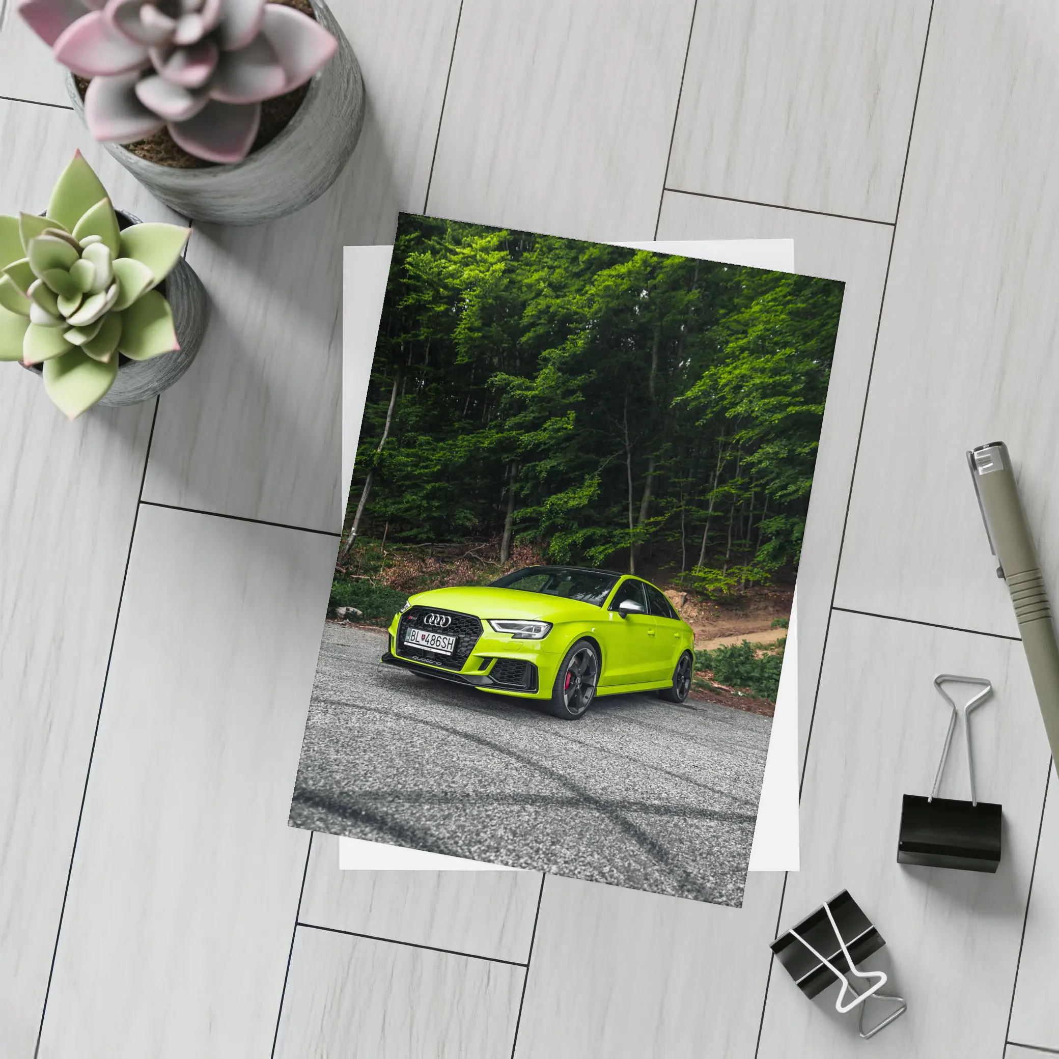 Audi RS3 Lime Green Forest Road – Postcards