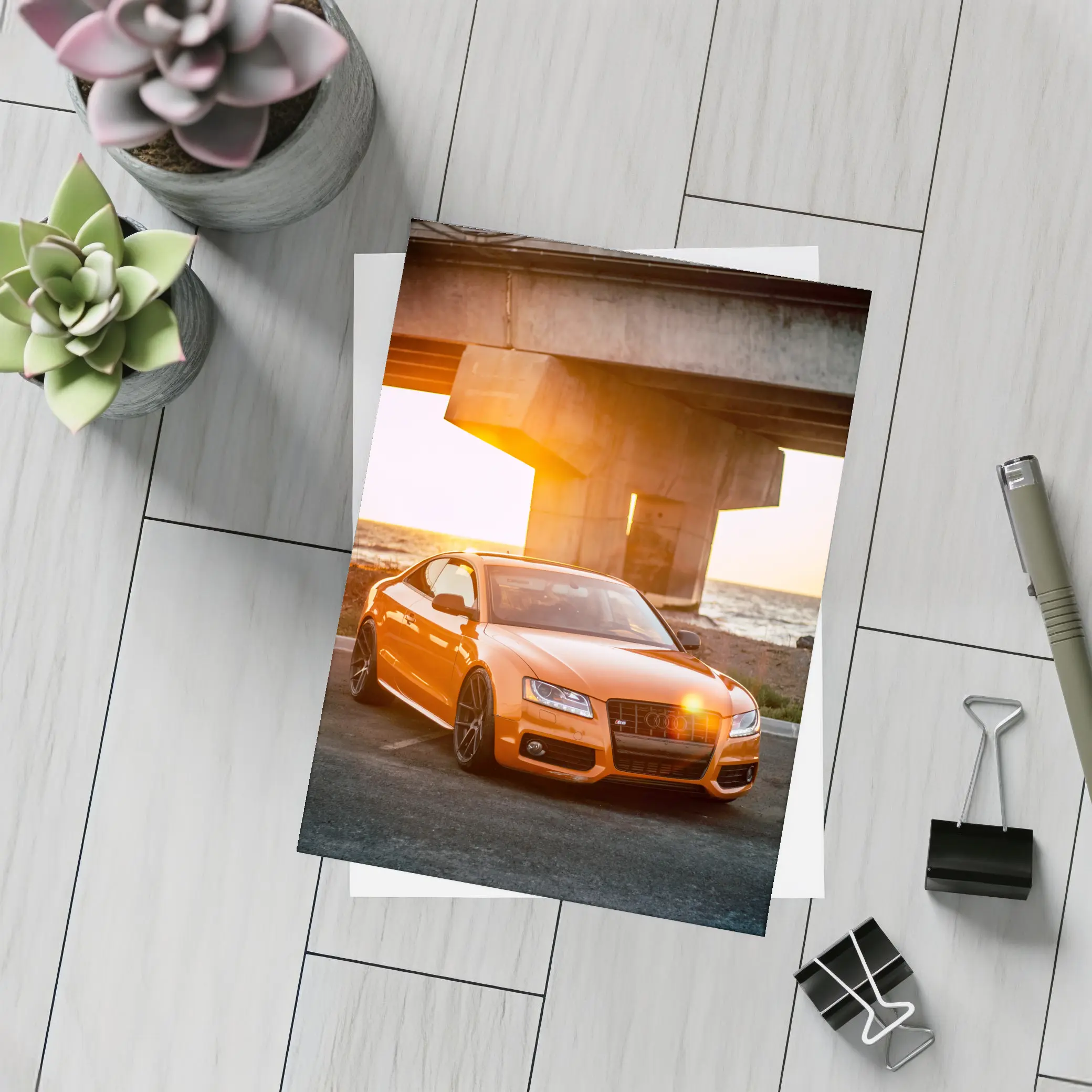 Audi S5 Orange Coupe Sunset Bridge – Postcards
