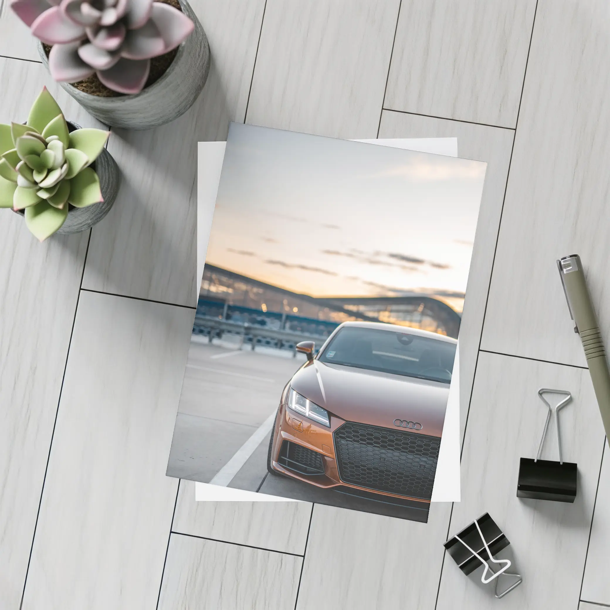 Audi TT Bronze Front View Sunset Track – Postcards