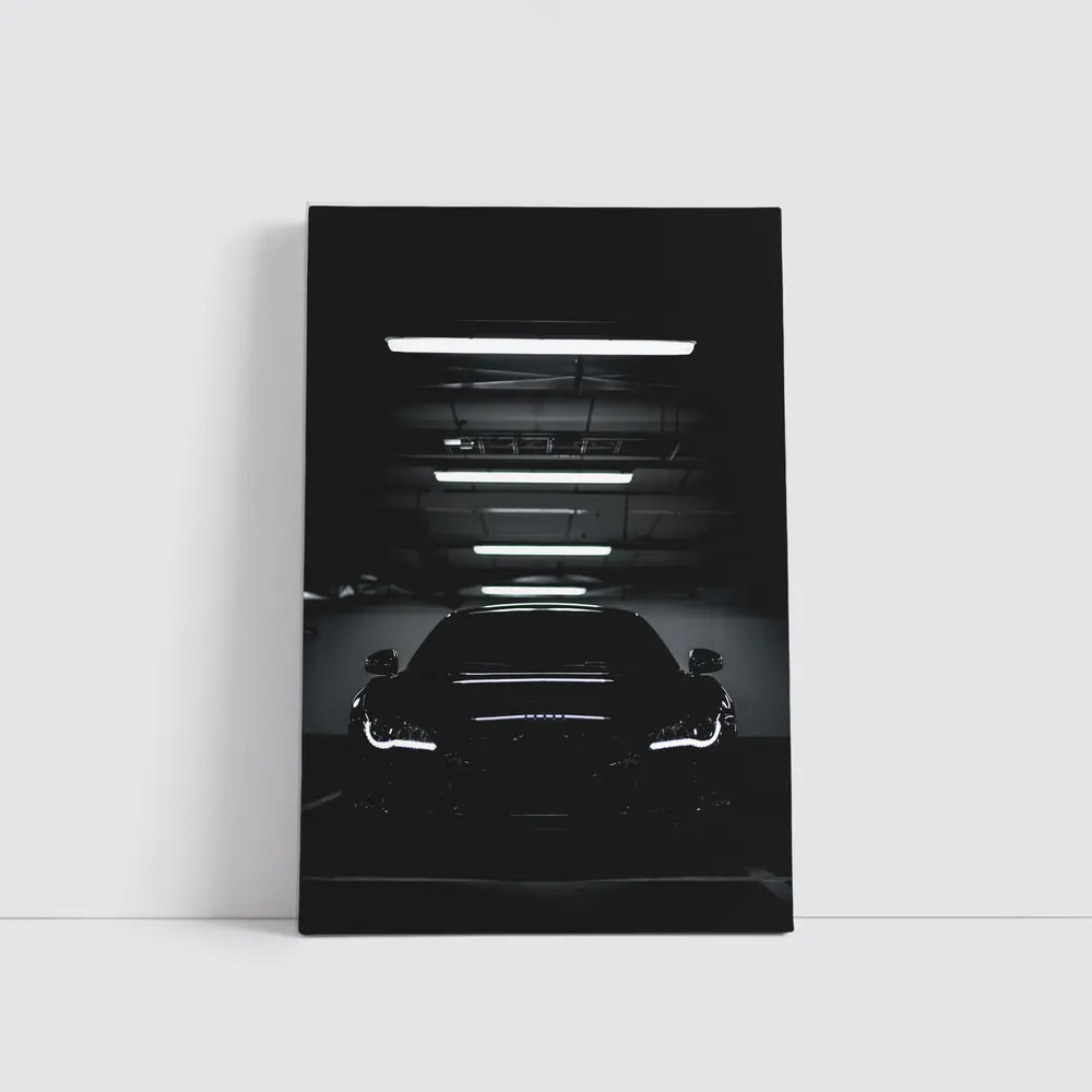Audi RS Coupe Black Front View in Dark Parking Garage – Wall Art