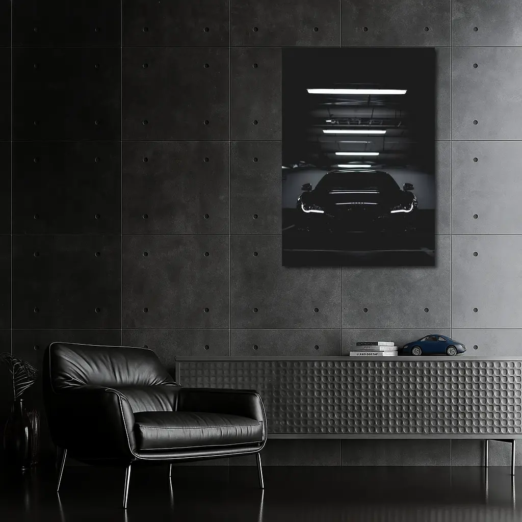 Audi RS Coupe Black Front View in Dark Parking Garage – Wall Art