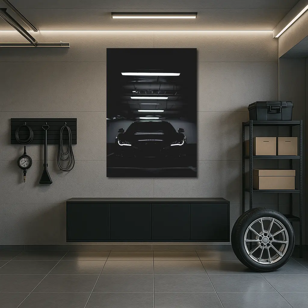 Audi RS Coupe Black Front View in Dark Parking Garage – Wall Art