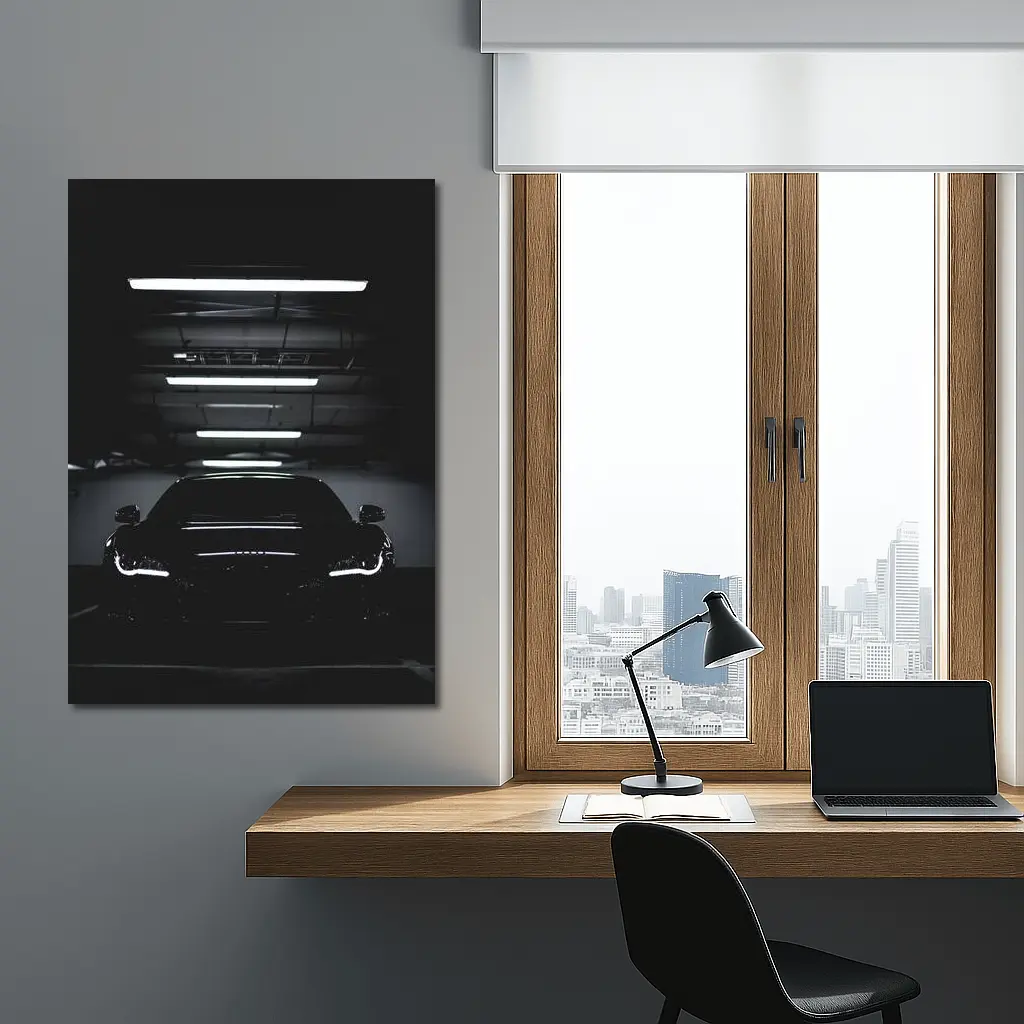 Audi RS Coupe Black Front View in Dark Parking Garage – Wall Art