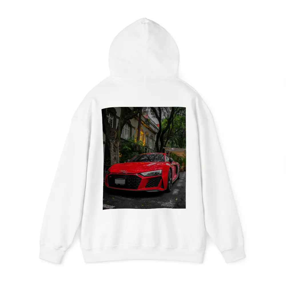 Red Audi R8 Parked On Tree Lined Street – Hoodies
