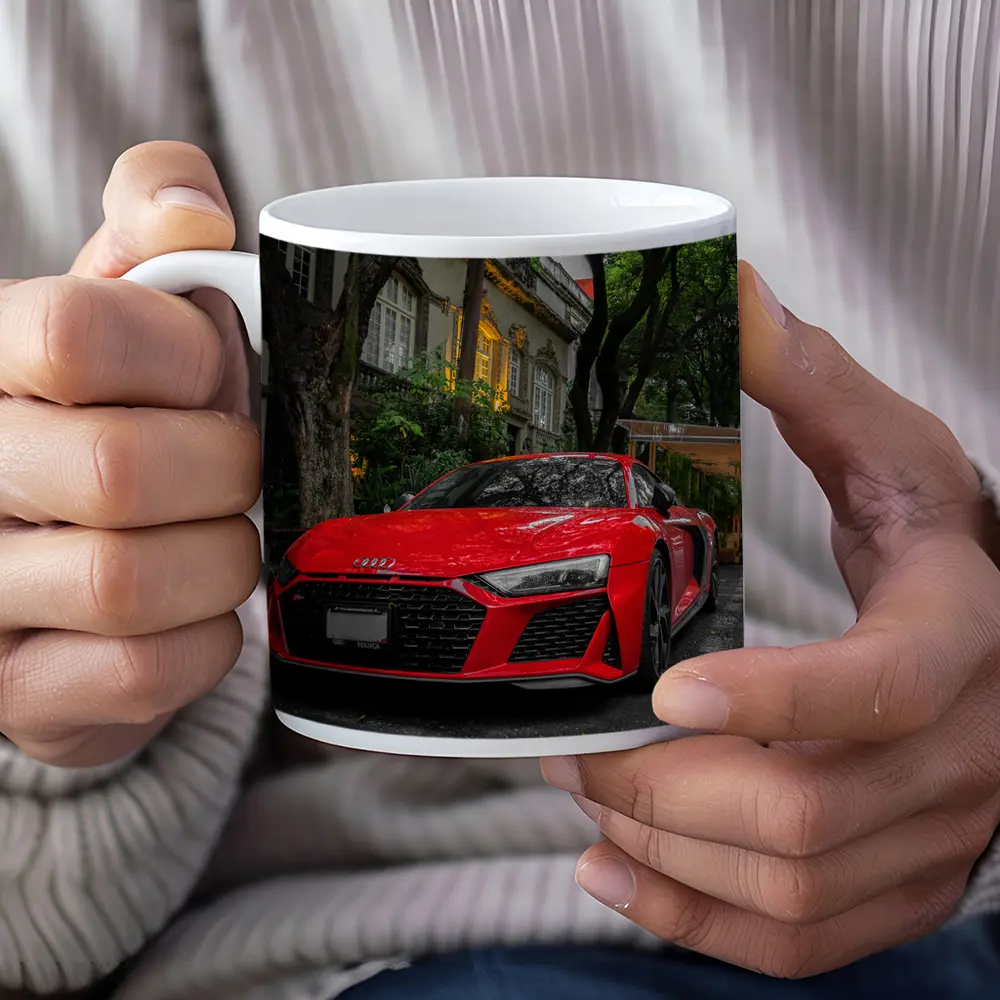 Red Audi R8 Parked On Tree Lined Street – Mugs