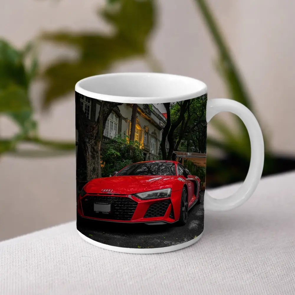 Red Audi R8 Parked On Tree Lined Street – Mugs