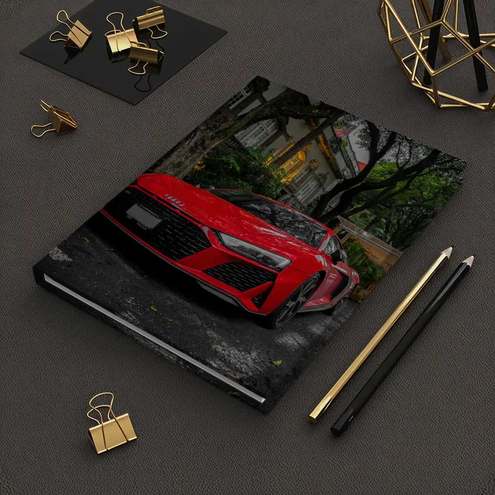 Red Audi R8 Parked On Tree Lined Street – Notebooks