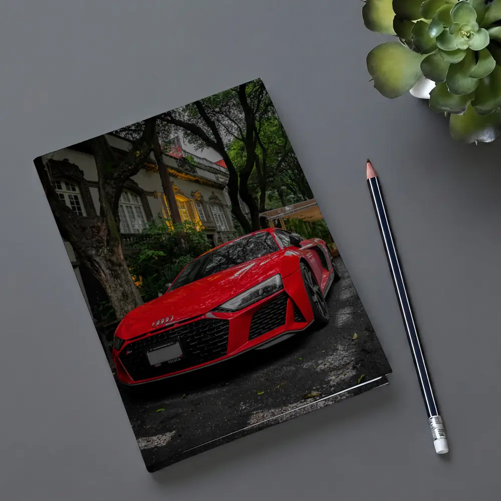 Red Audi R8 Parked On Tree Lined Street – Notebooks
