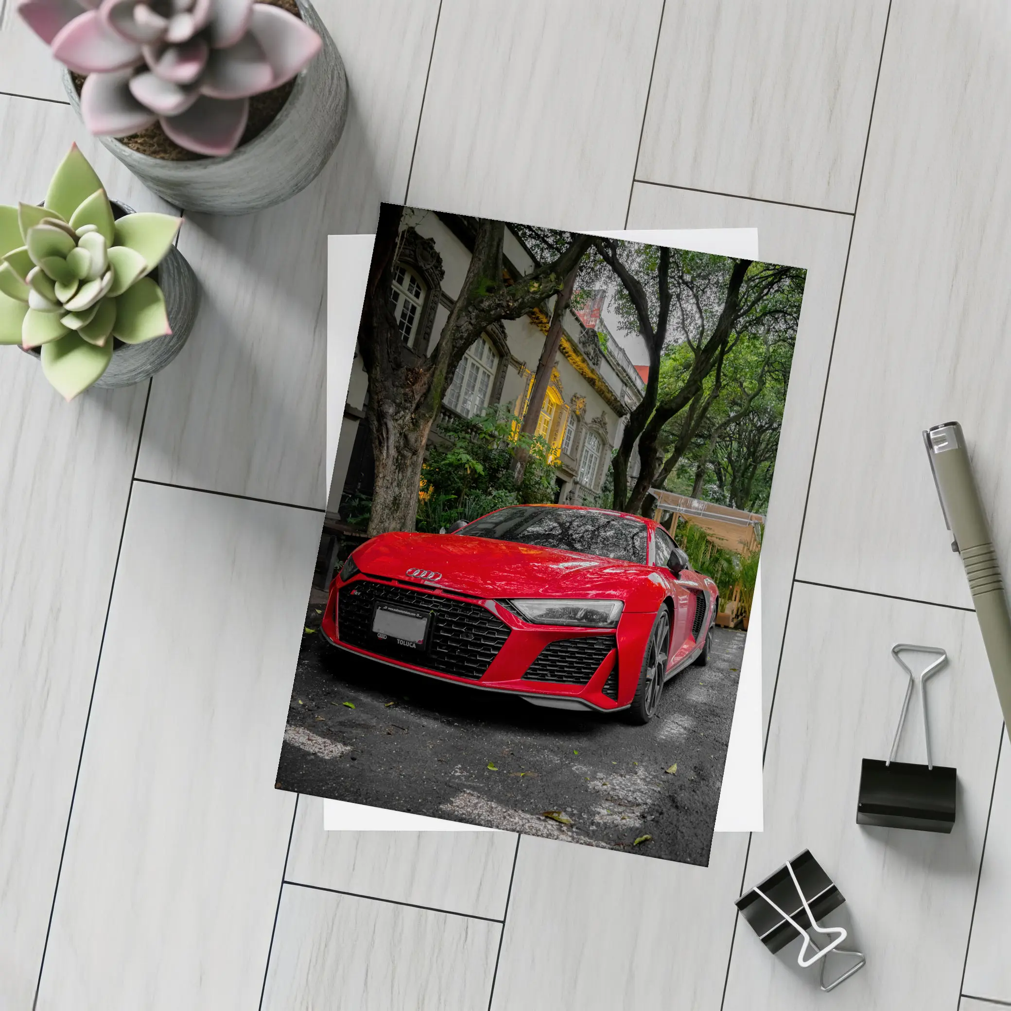 Red Audi R8 Parked On Tree Lined Street – Postcards