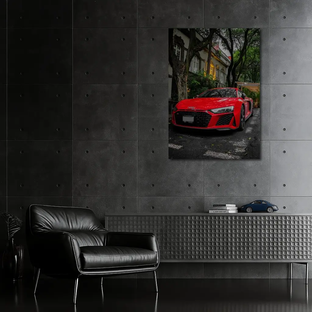 Red Audi R8 Parked On Tree Lined Street – Wall Art