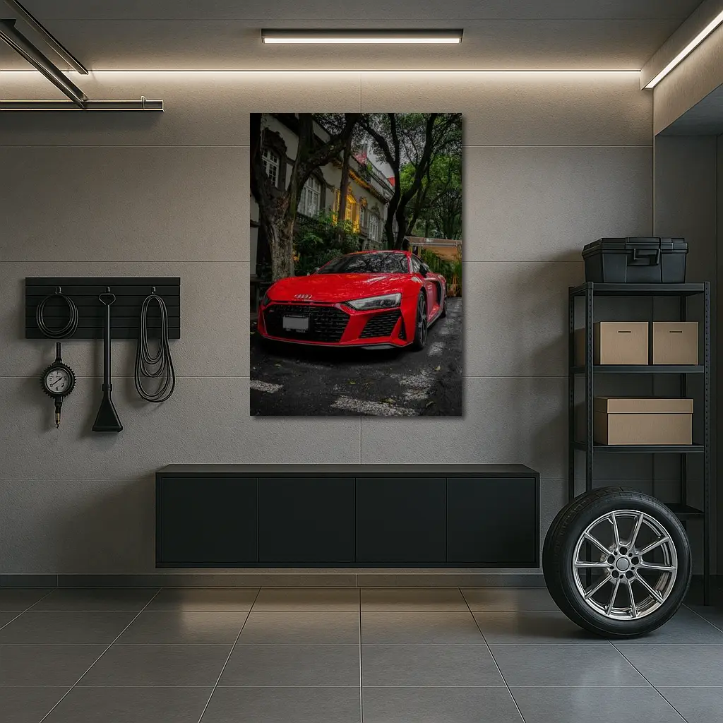 Red Audi R8 Parked On Tree Lined Street – Wall Art