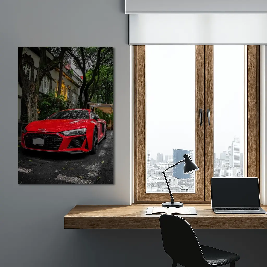 Red Audi R8 Parked On Tree Lined Street – Wall Art