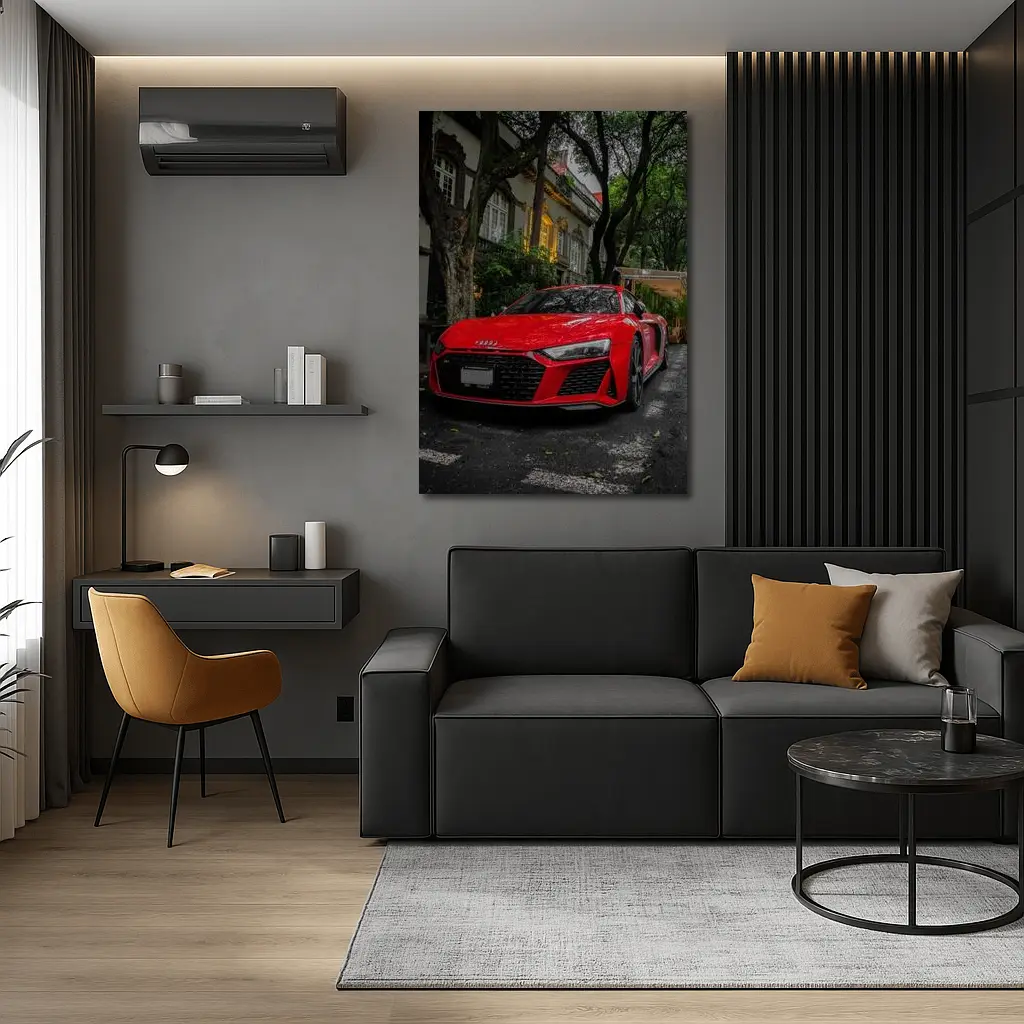 Red Audi R8 Parked On Tree Lined Street – Wall Art