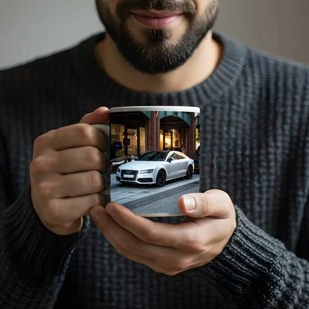 White Audi A7 Parked City Street – Mugs