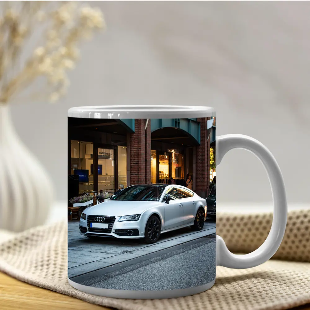 White Audi A7 Parked City Street – Mugs