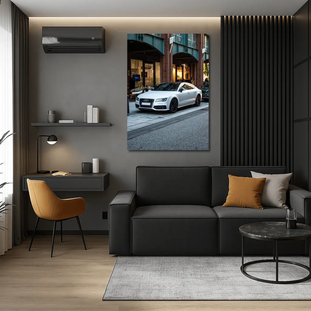 White Audi A7 Parked City Street – Wall Art
