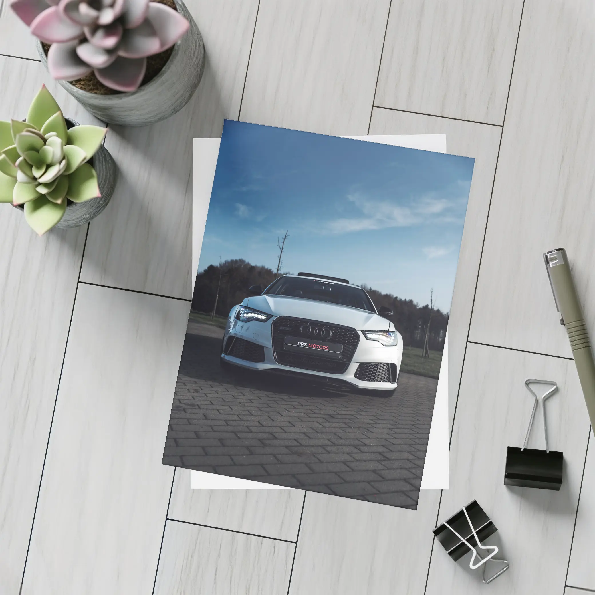 Audi RS6 White Front View Cloudy Sky – Postcards