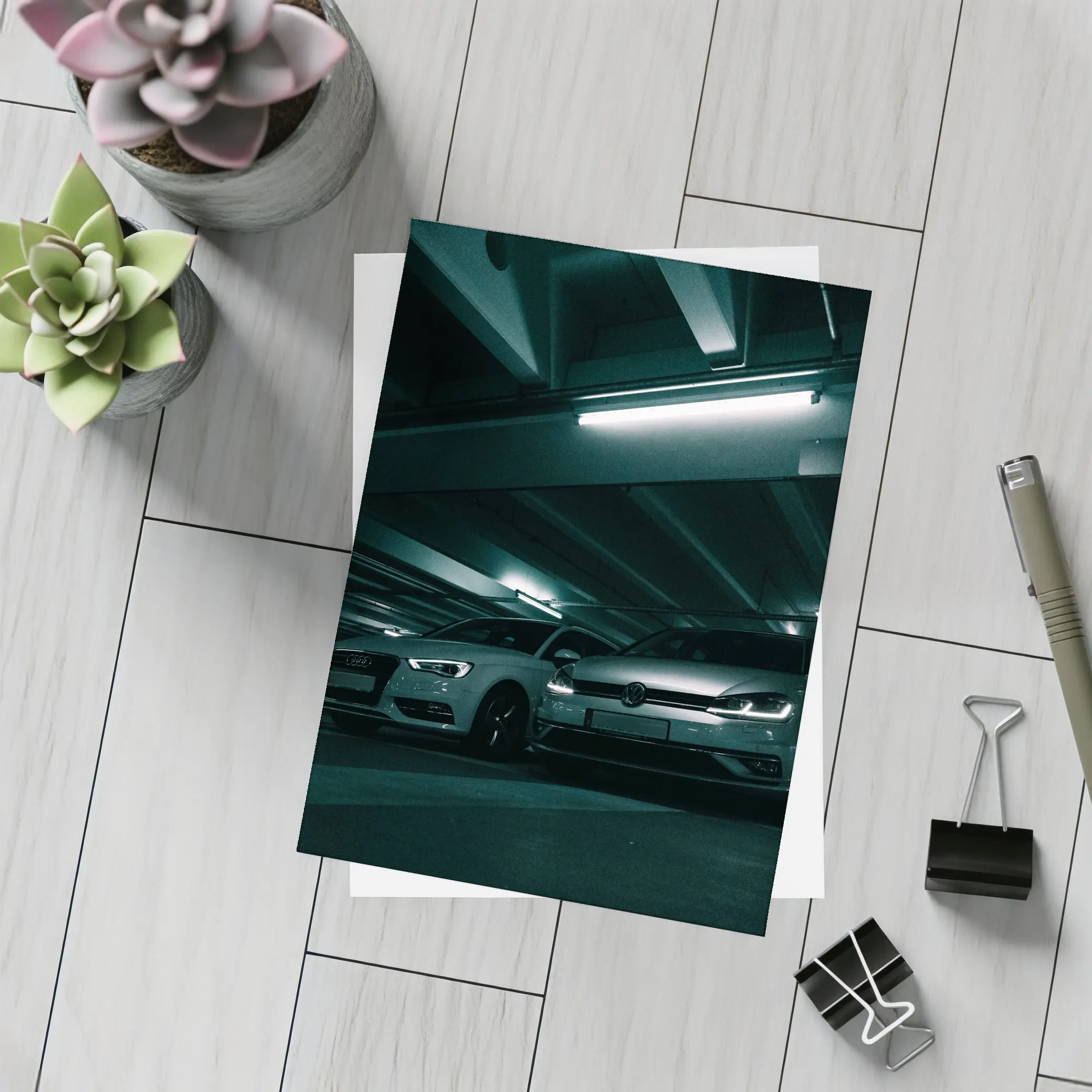Volkswagen Golf and Audi Dark Parking Garage – Postcards