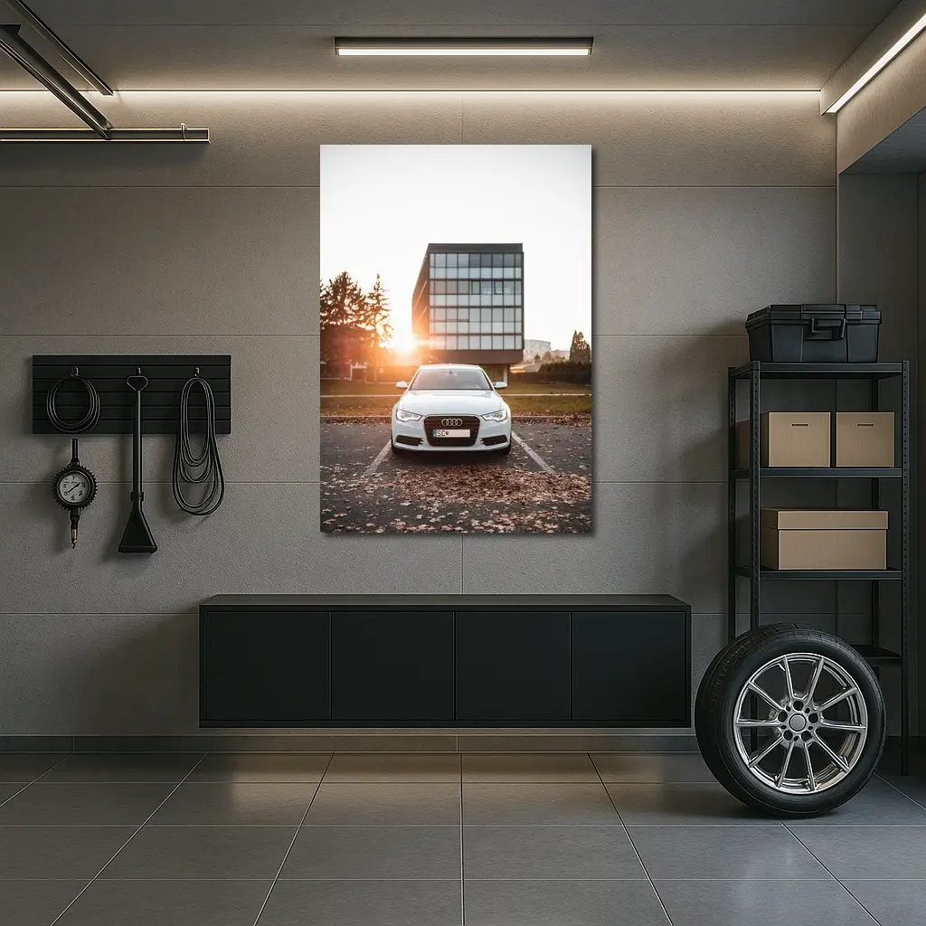 Audi A6 White Parked at Sunset – Wall Art