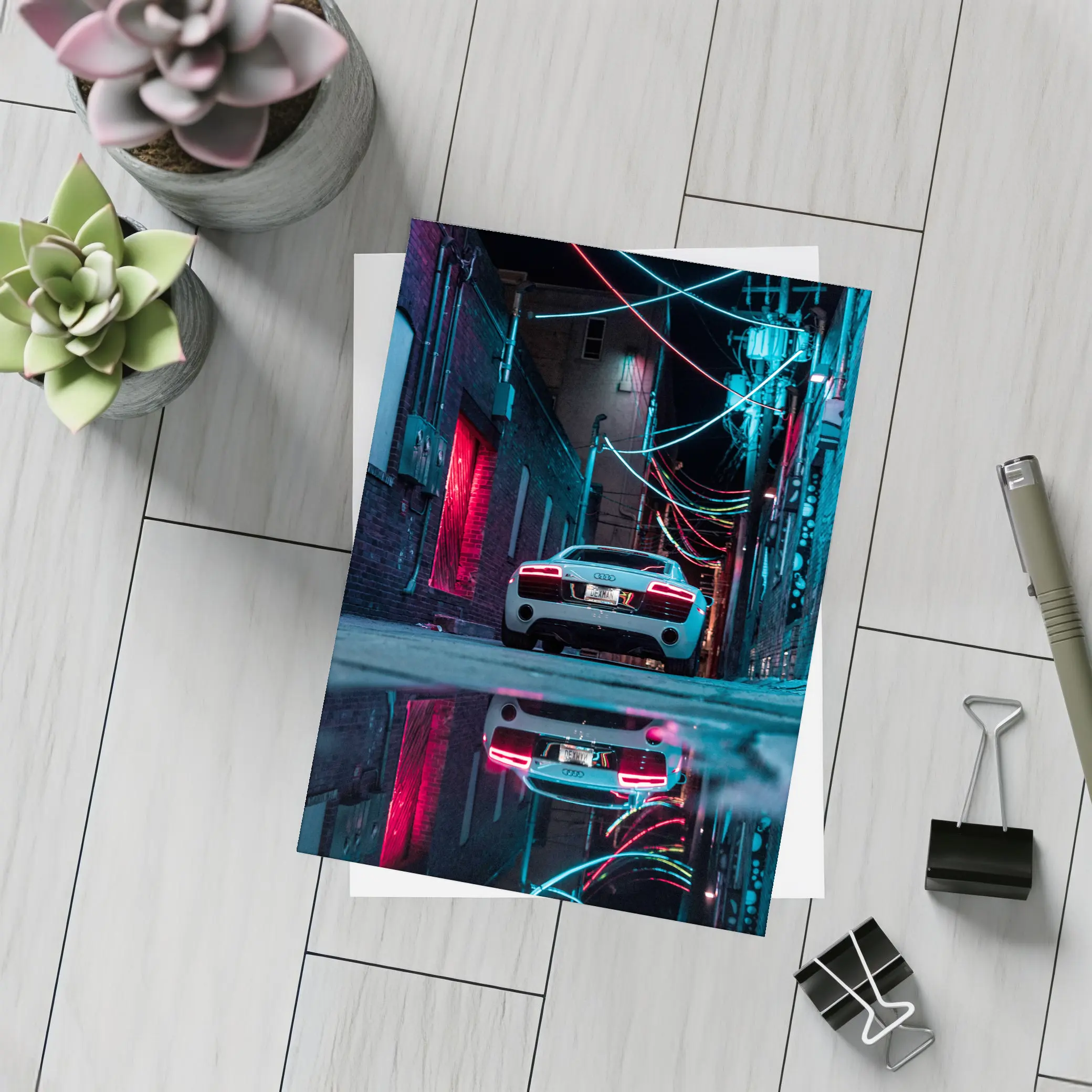 Audi R8 Rear Neon Lit Dark Alley – Postcards