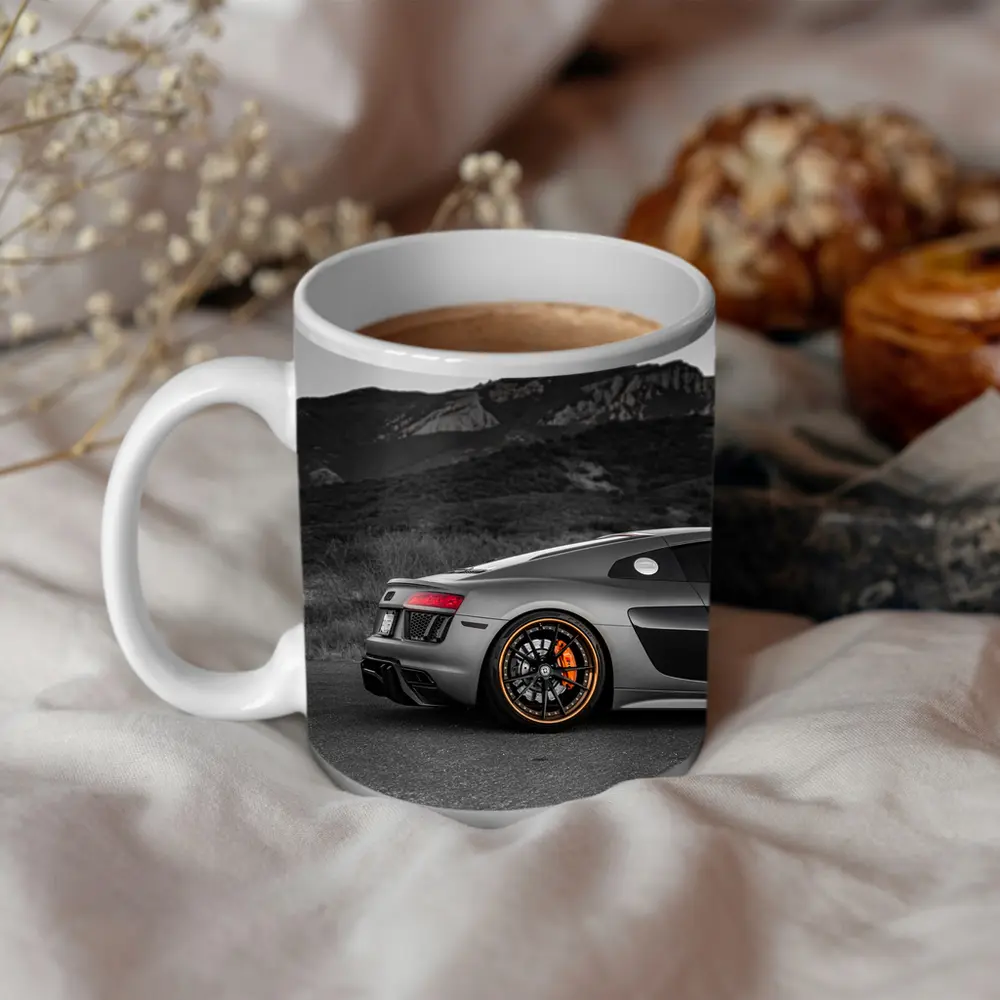 Audi R8 Silver Supercar Mountain Background – Mugs