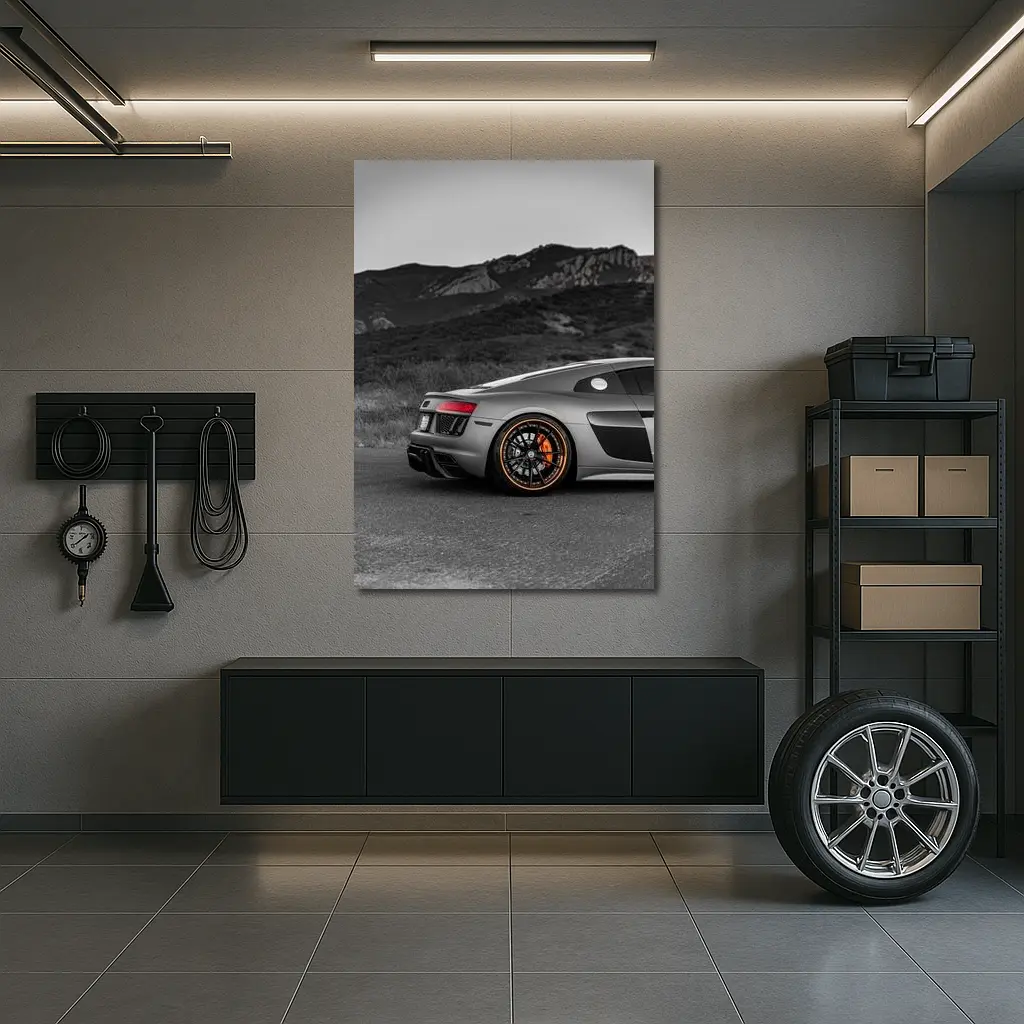 Audi R8 Silver Supercar Mountain Background – Wall Art