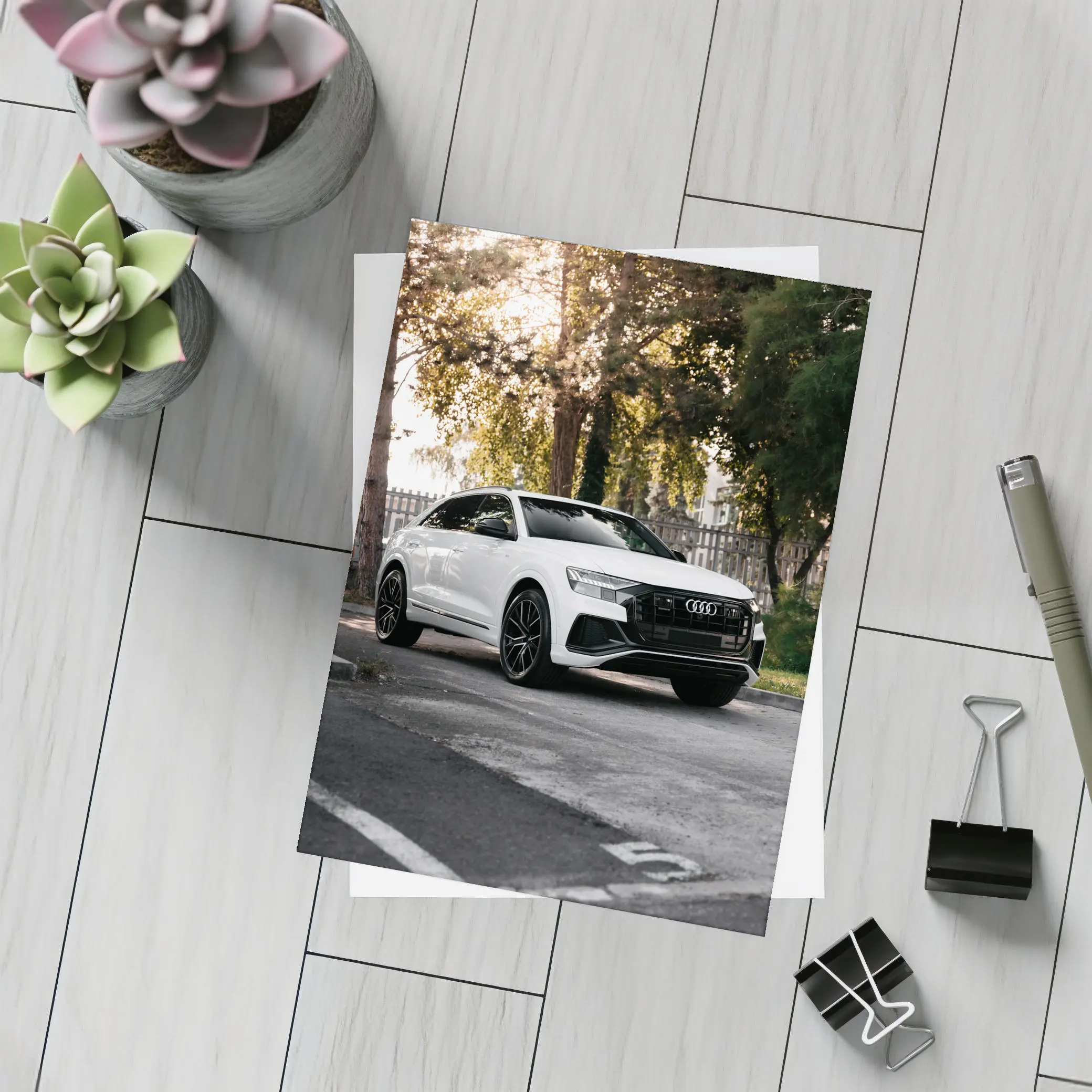 Audi Q8 White SUV Street Trees – Postcards