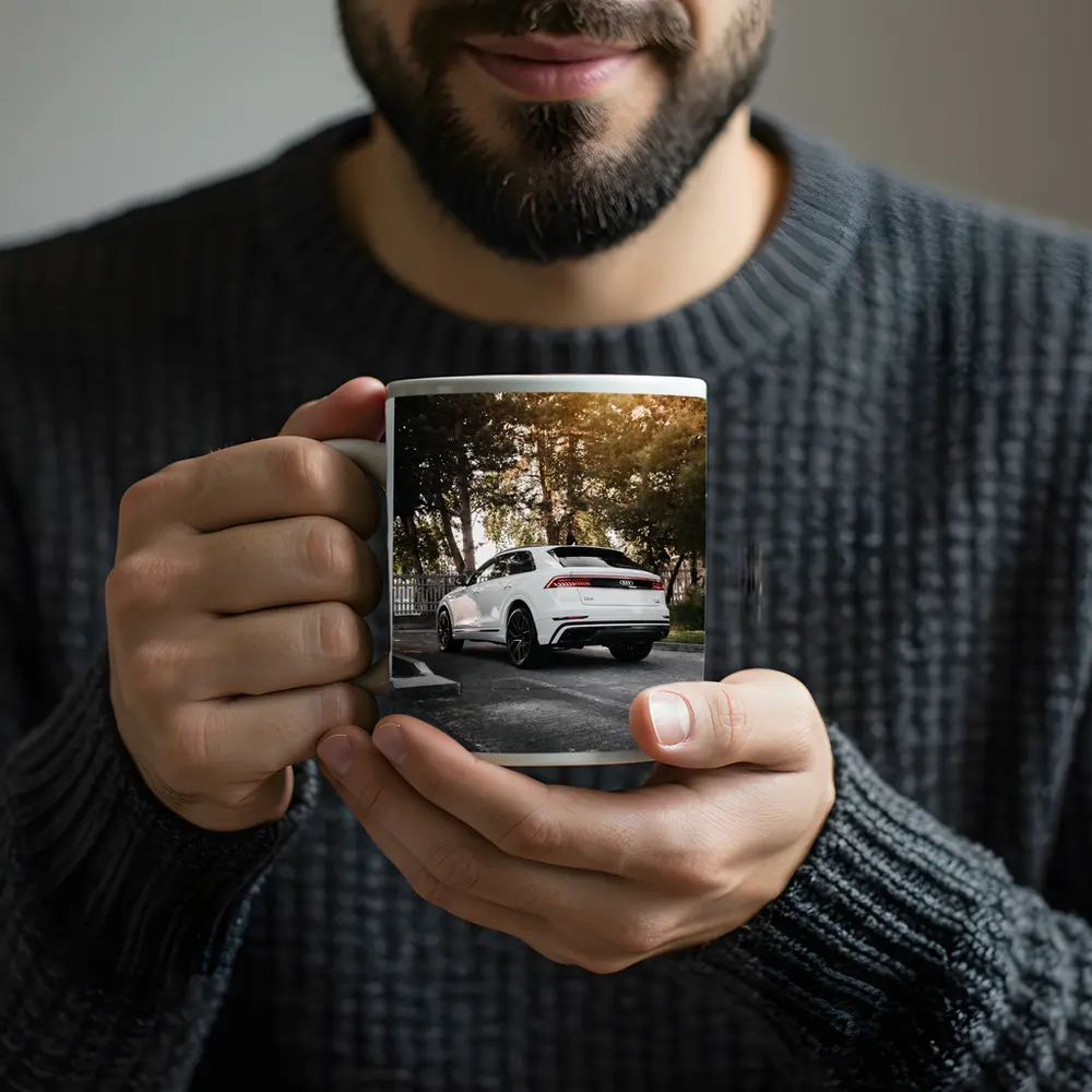 Audi Q8 White SUV Parked Outdoors – Mugs
