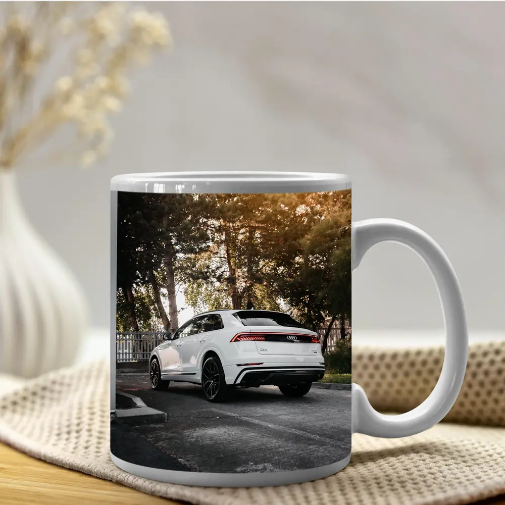 Audi Q8 White SUV Parked Outdoors – Mugs