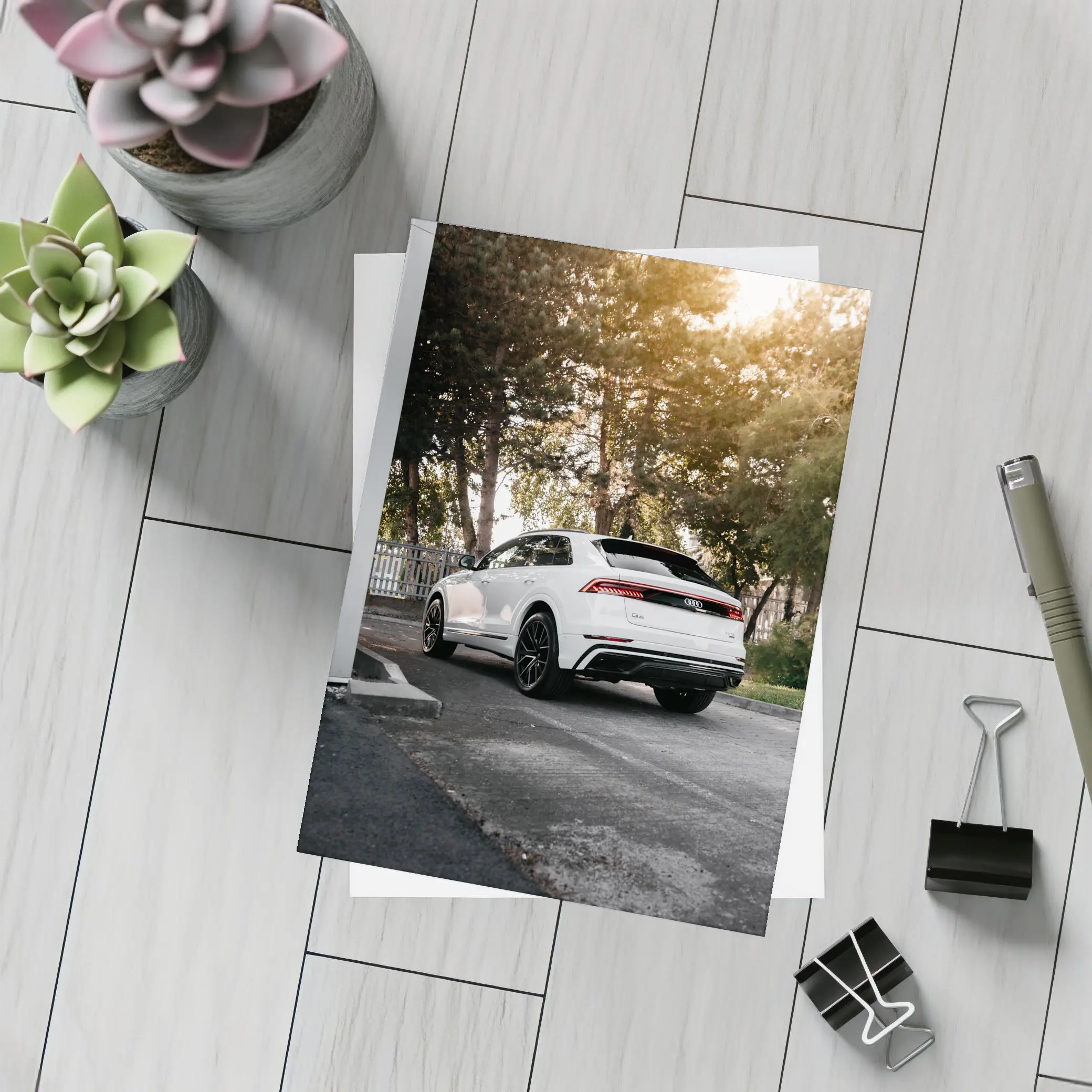 Audi Q8 White SUV Parked Outdoors – Postcards