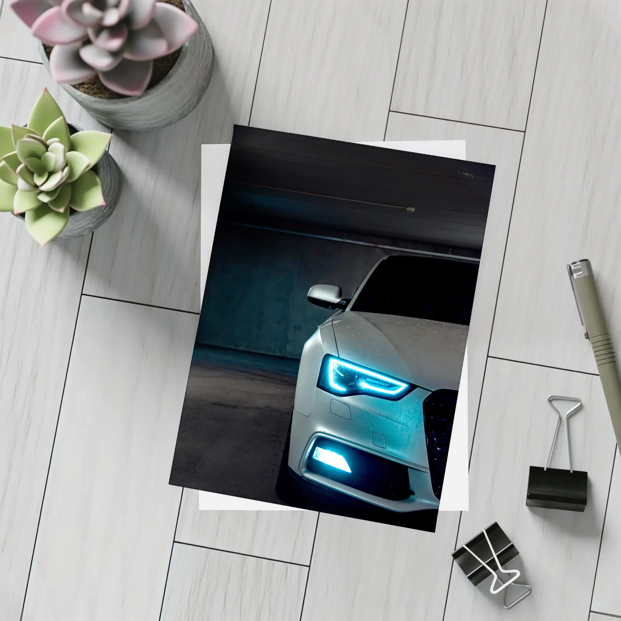 Audi A5 Front Lights Dark Garage Night – Postcards