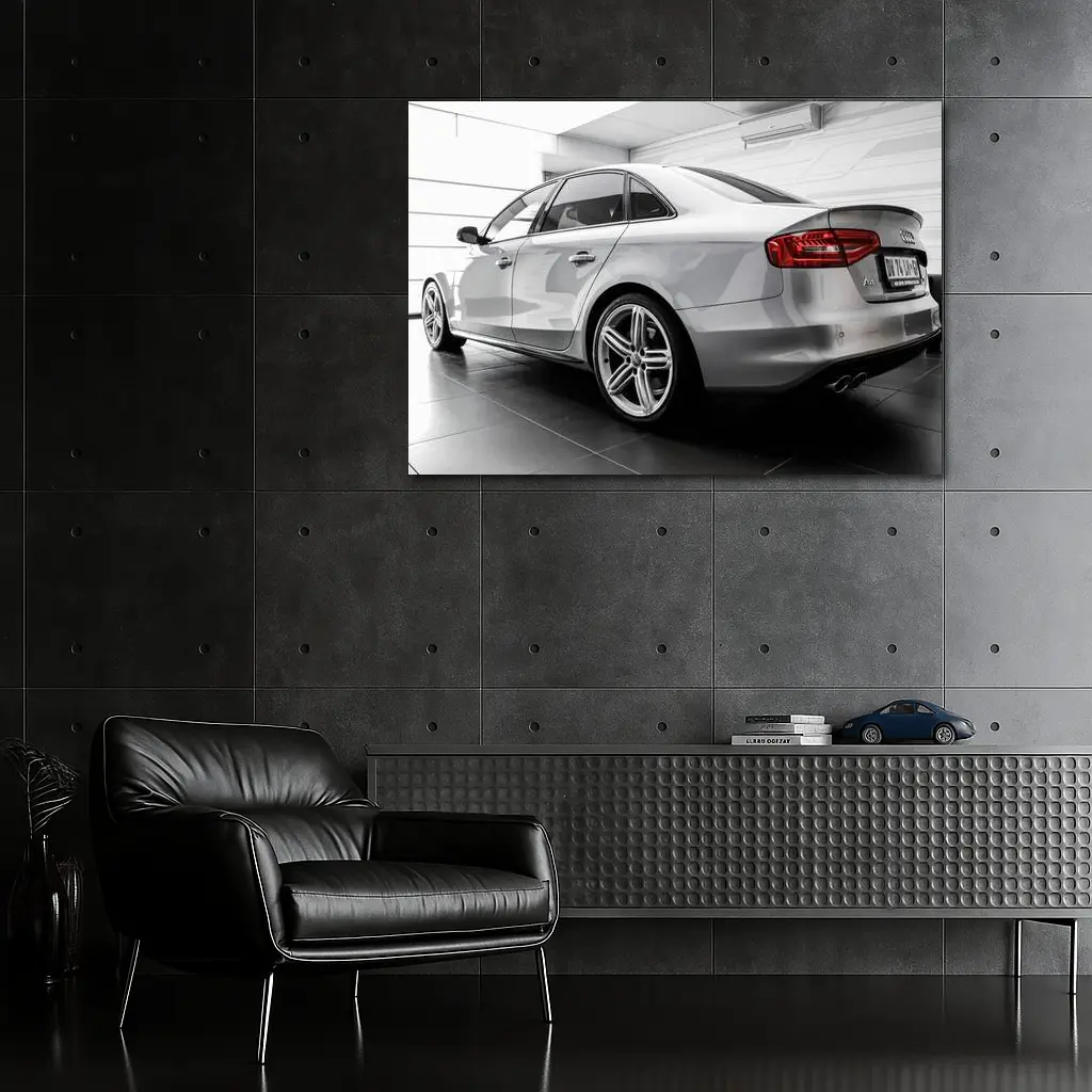 Audi A4 Silver Sedan Garage Interior – Wall Art