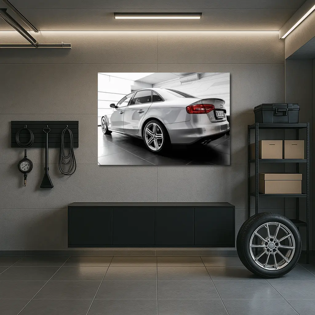 Audi A4 Silver Sedan Garage Interior – Wall Art
