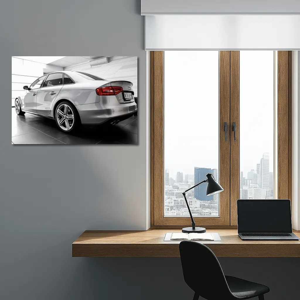 Audi A4 Silver Sedan Garage Interior – Wall Art