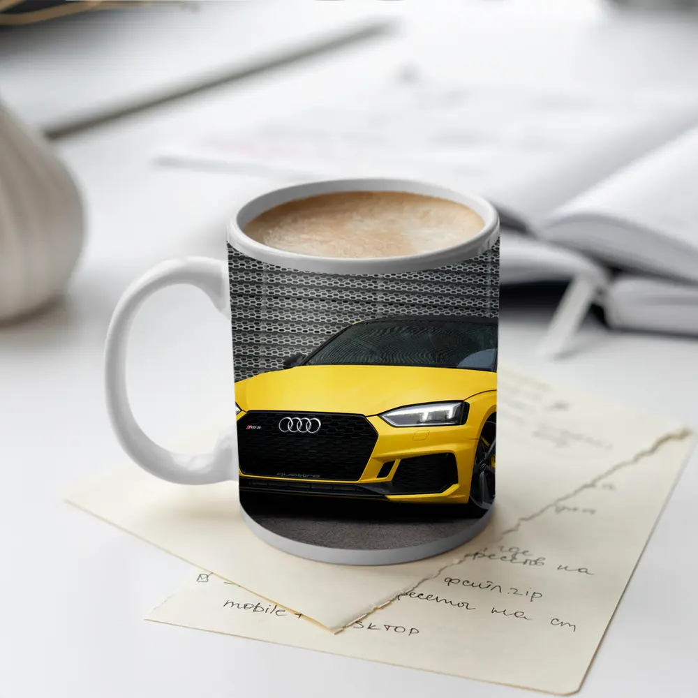 Audi RS5 Yellow Coupe Urban Background – Mugs