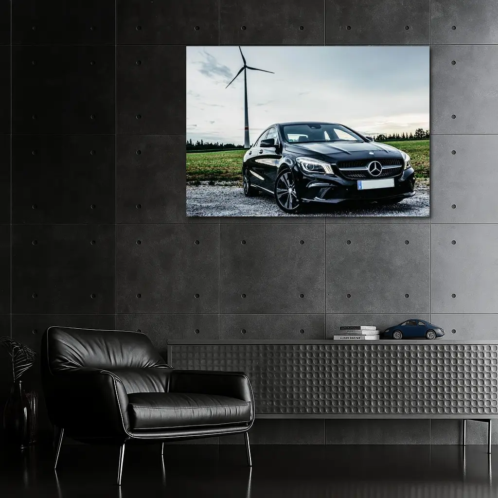 Black Mercedes CLA Parked Near Wind Turbine – Wall Art