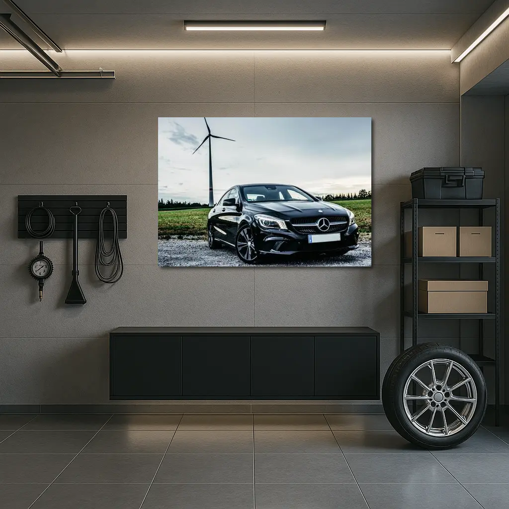Black Mercedes CLA Parked Near Wind Turbine – Wall Art