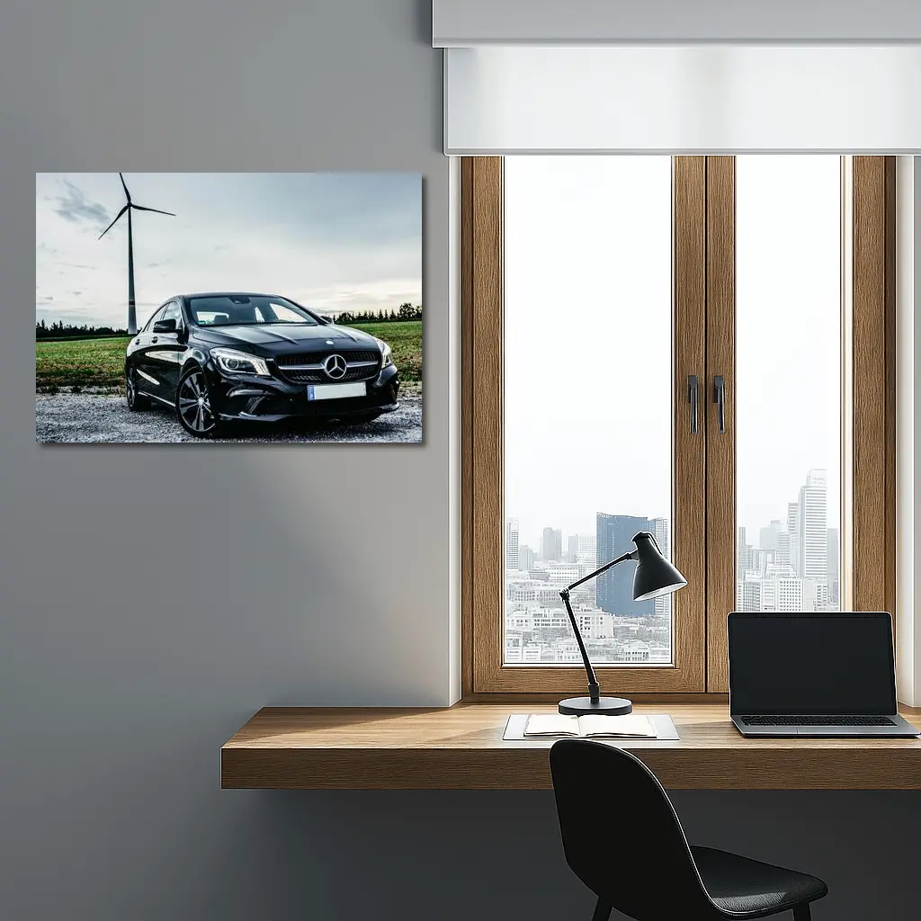 Black Mercedes CLA Parked Near Wind Turbine – Wall Art