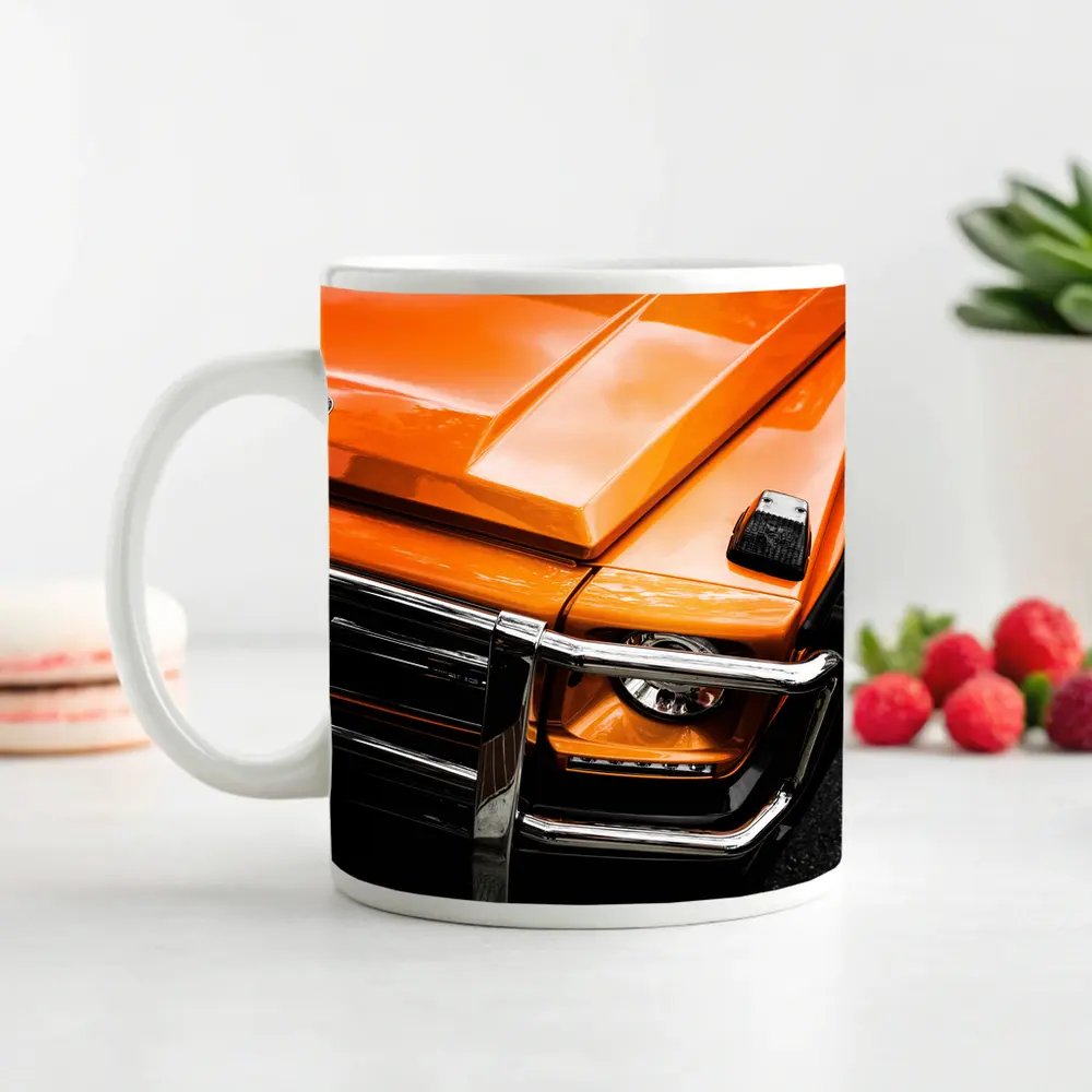 Mercedes G Class Orange Front Close Up – Mugs