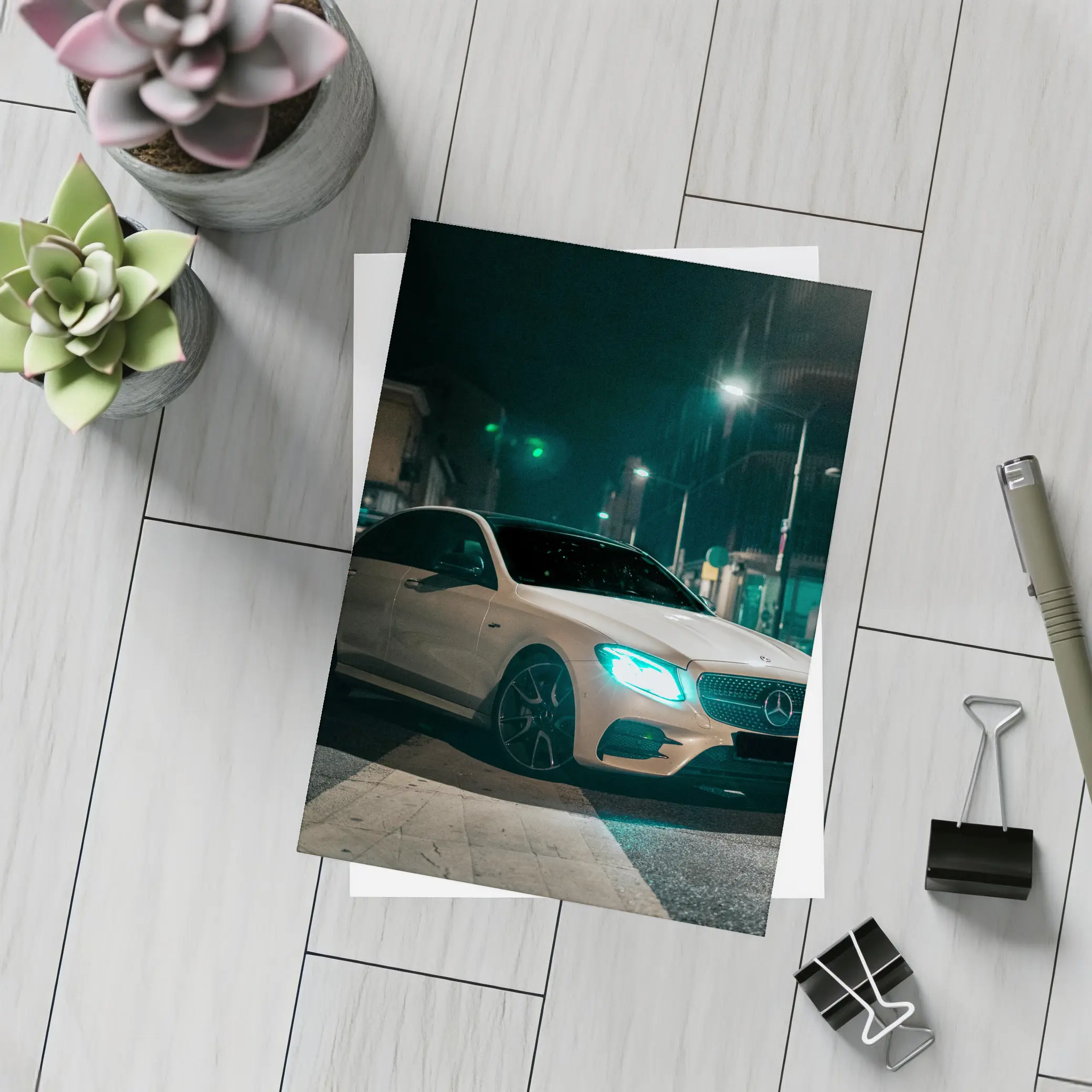 Mercedes E Class White Night City Street – Postcards