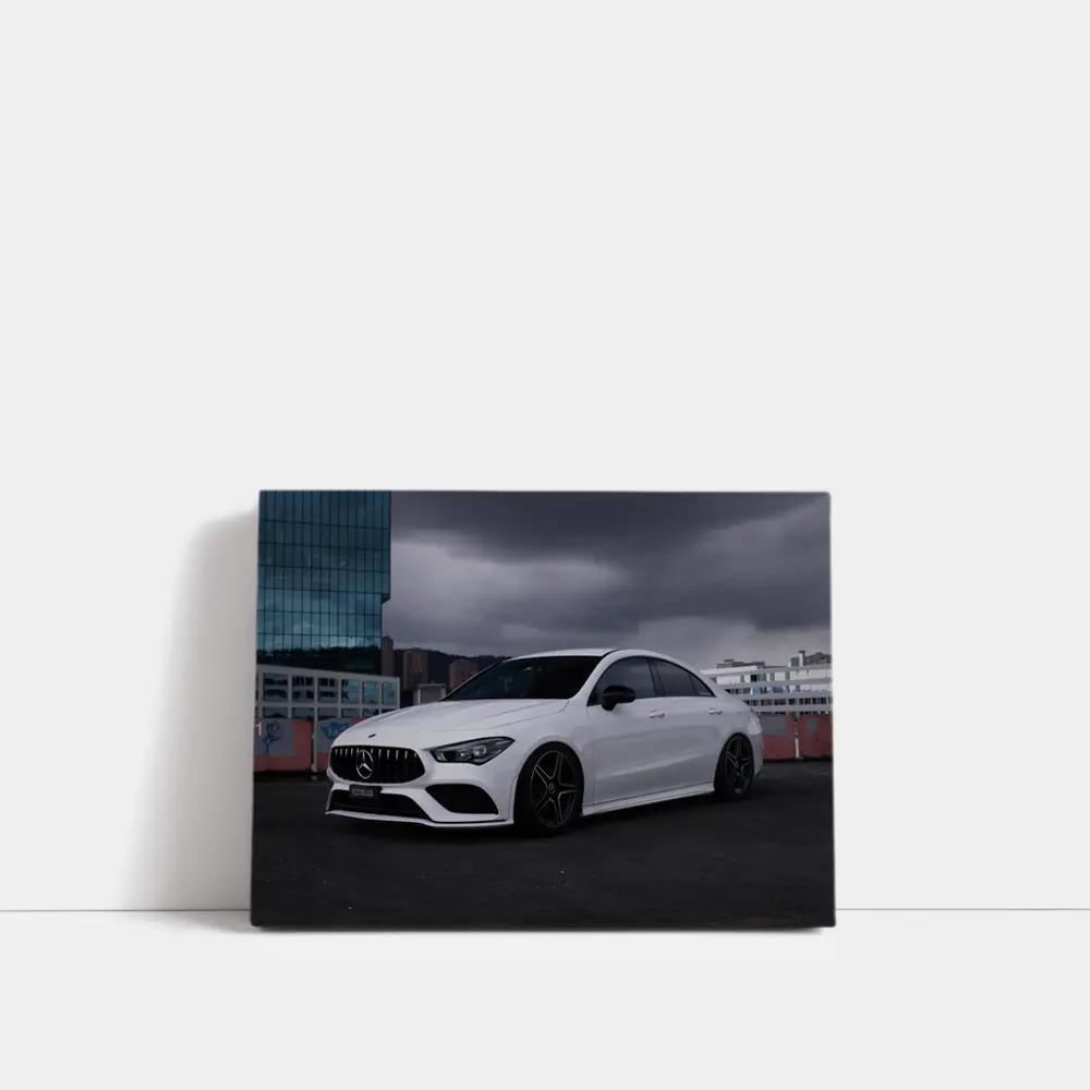 Mercedes CLA White Sedan Stormy City – Wall Art