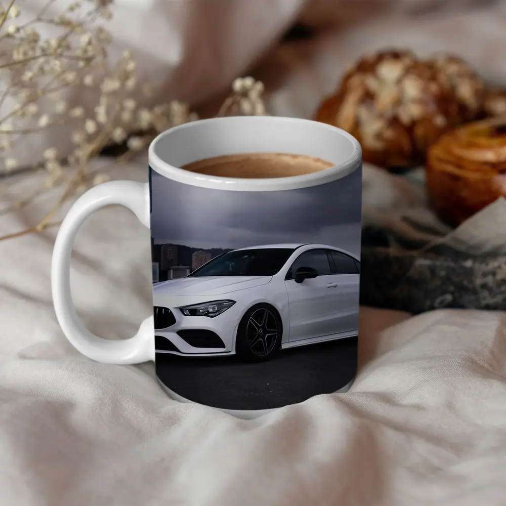 Mercedes CLA White Sedan Stormy City – Mugs