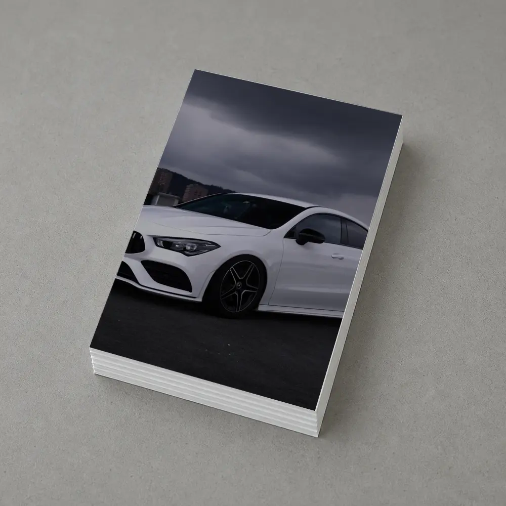 Mercedes CLA White Sedan Stormy City – Postcards