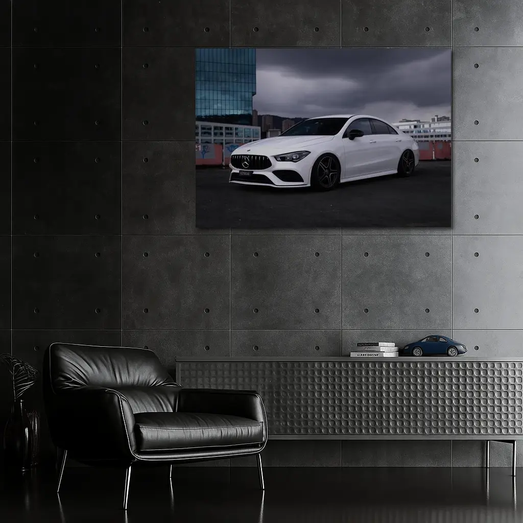 Mercedes CLA White Sedan Stormy City – Wall Art
