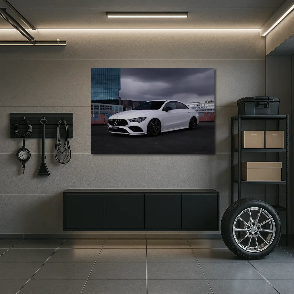 Mercedes CLA White Sedan Stormy City – Wall Art