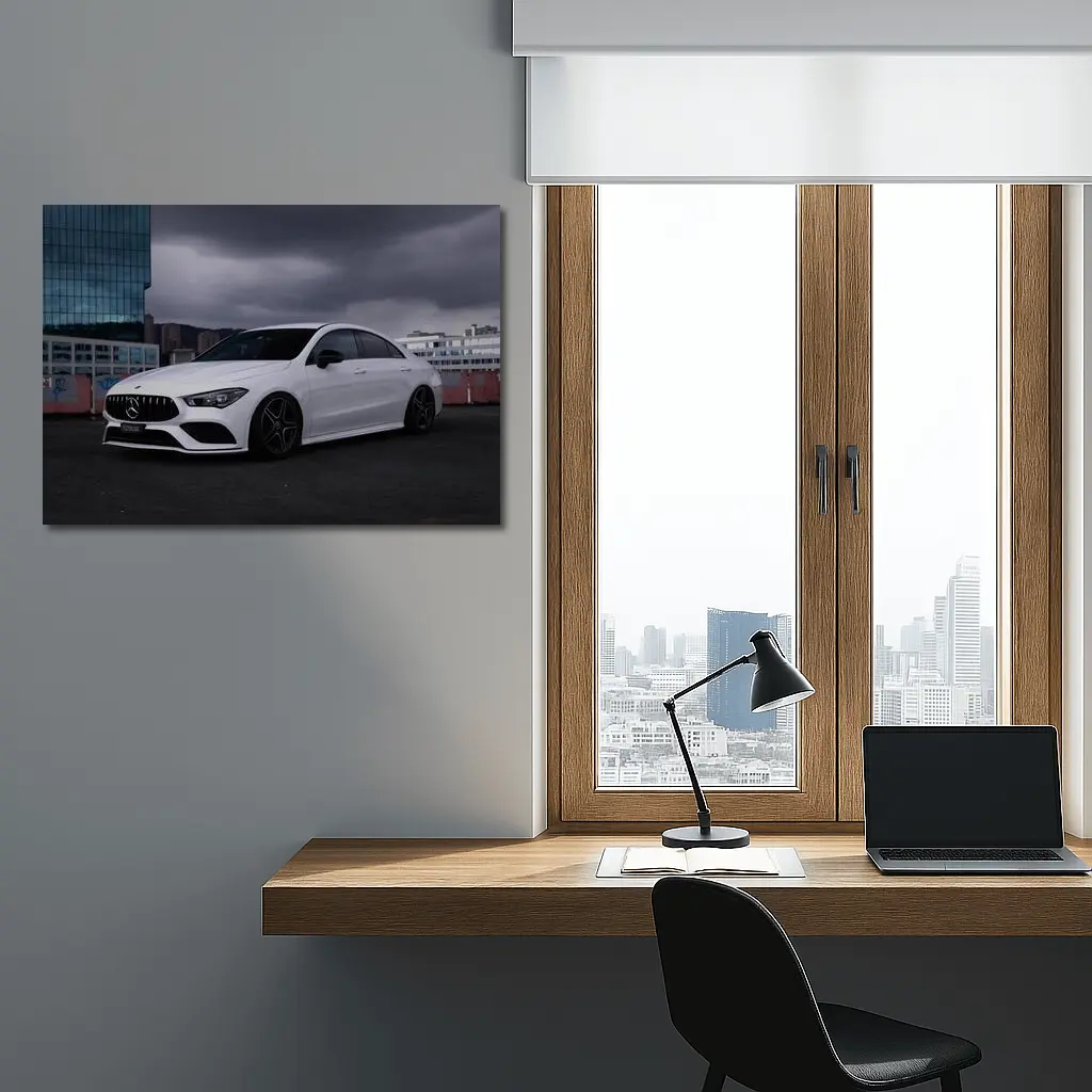 Mercedes CLA White Sedan Stormy City – Wall Art