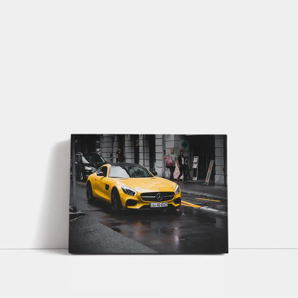 Yellow Mercedes AMG GT Rainy City Street – Wall Art