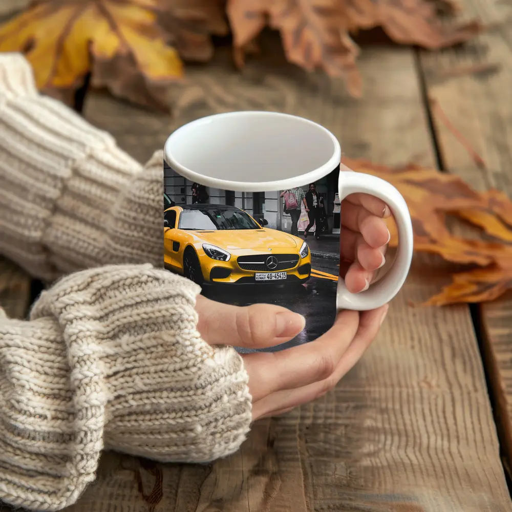 Yellow Mercedes AMG GT Rainy City Street – Mugs