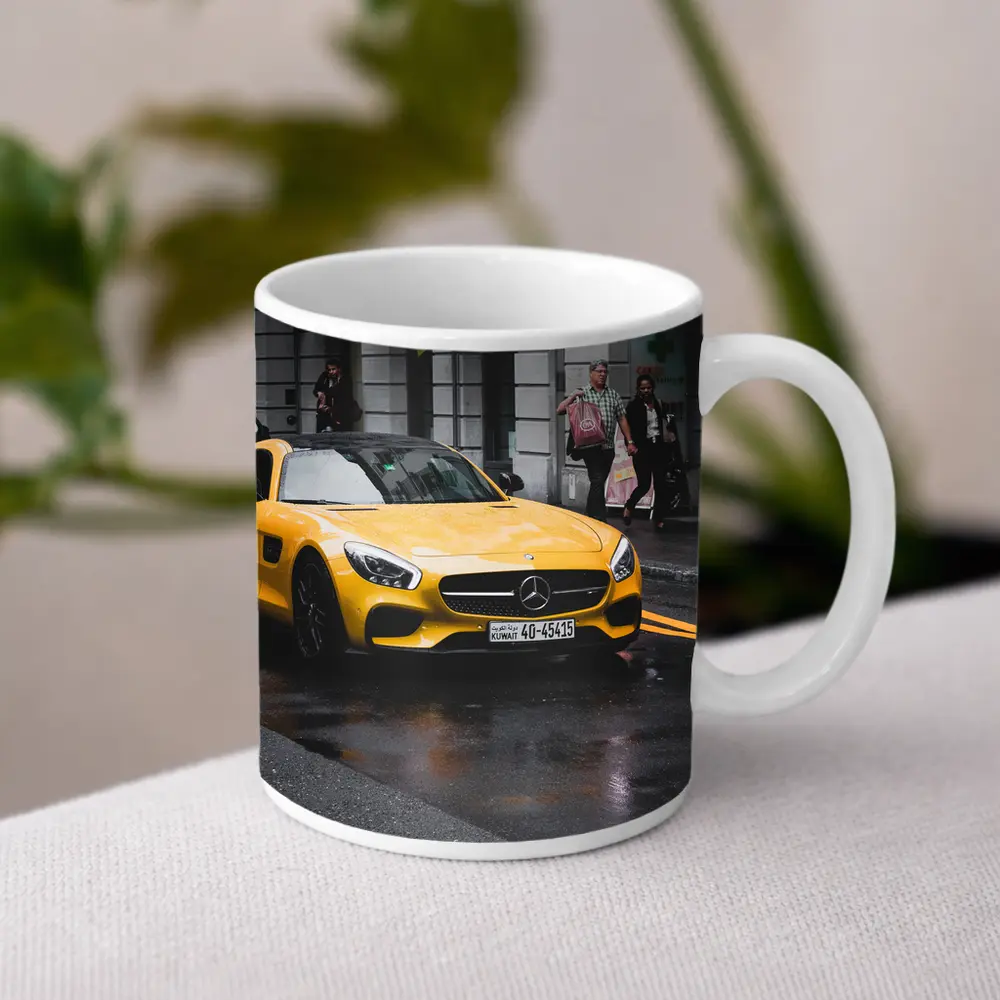 Yellow Mercedes AMG GT Rainy City Street – Mugs