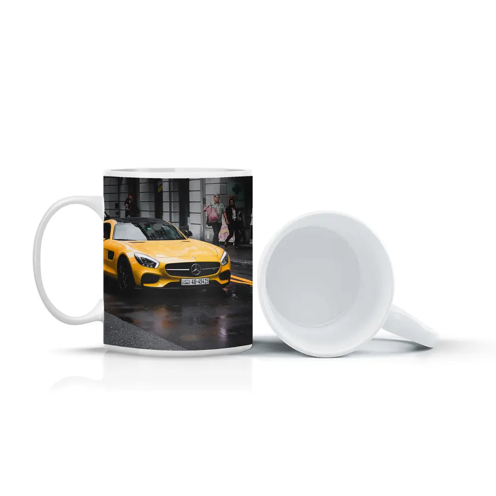 Yellow Mercedes AMG GT Rainy City Street – Mugs